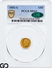 1852-C Gold Dollar, $1 Liberty, Type 1 PCGS/CAC MS 63 * RARE Low Mintage!