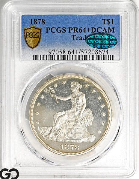 1878 Trade Dollar Proof PCGS/CAC PR 64+ DCAM, Gem White Deep Cameo Surfaces
