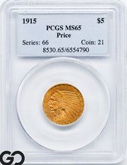 1915 Gold Half Eagle, $5 Indian Head PCGS MS 65, Gem Creamy Lustrous Surfaces