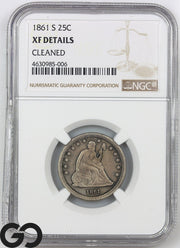 1861-S Seated Liberty Quarter NGC XF Details, Cleaned ** Low Mintage Key Date!
