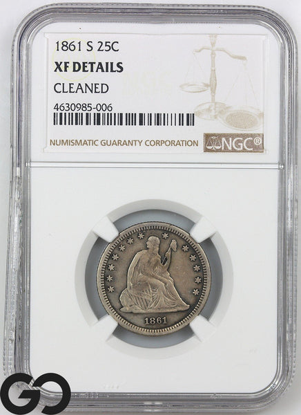 1861-S Seated Liberty Quarter NGC XF Details, Cleaned ** Low Mintage Key Date!