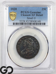 1820 Capped Bust Quarter PCGS Genuine, Cleaned XF Detail, Small "0"