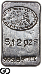 US Mint San Francisco 5.12 oz .9995 Fine Silver Poured Bar Vintage Bullion