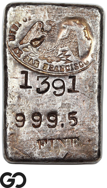 US Assay Office San Francisco 5.67 oz .9995 Fine Silver Ingot Bar #1391