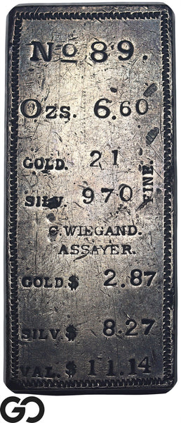 C. Wiegand Assayer Gold & Silver Ingot Bar No. 89 6.60 oz Emily Mine Rare