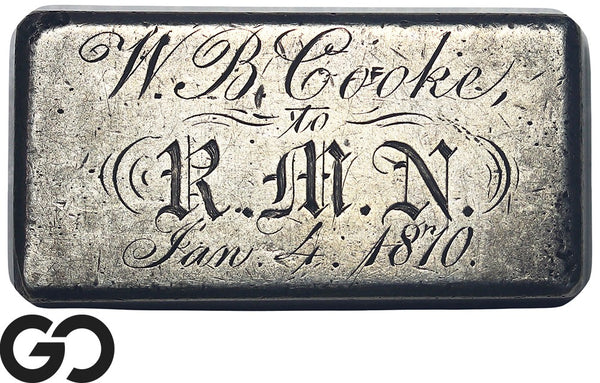 1870 Antique Silver Bar Ingot W.B. Cooke to R.M.N. Jan 4 Presentation Piece
