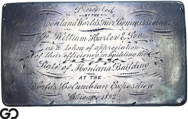 Worlds Columbian Expo 1892 Vintage Engraved Silver Bar .999 Fine Silver