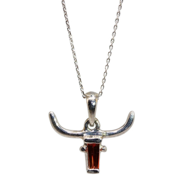 14K White Gold Texas Longhorn Pendant Necklace w/ Lab-Created Orange Sapphire