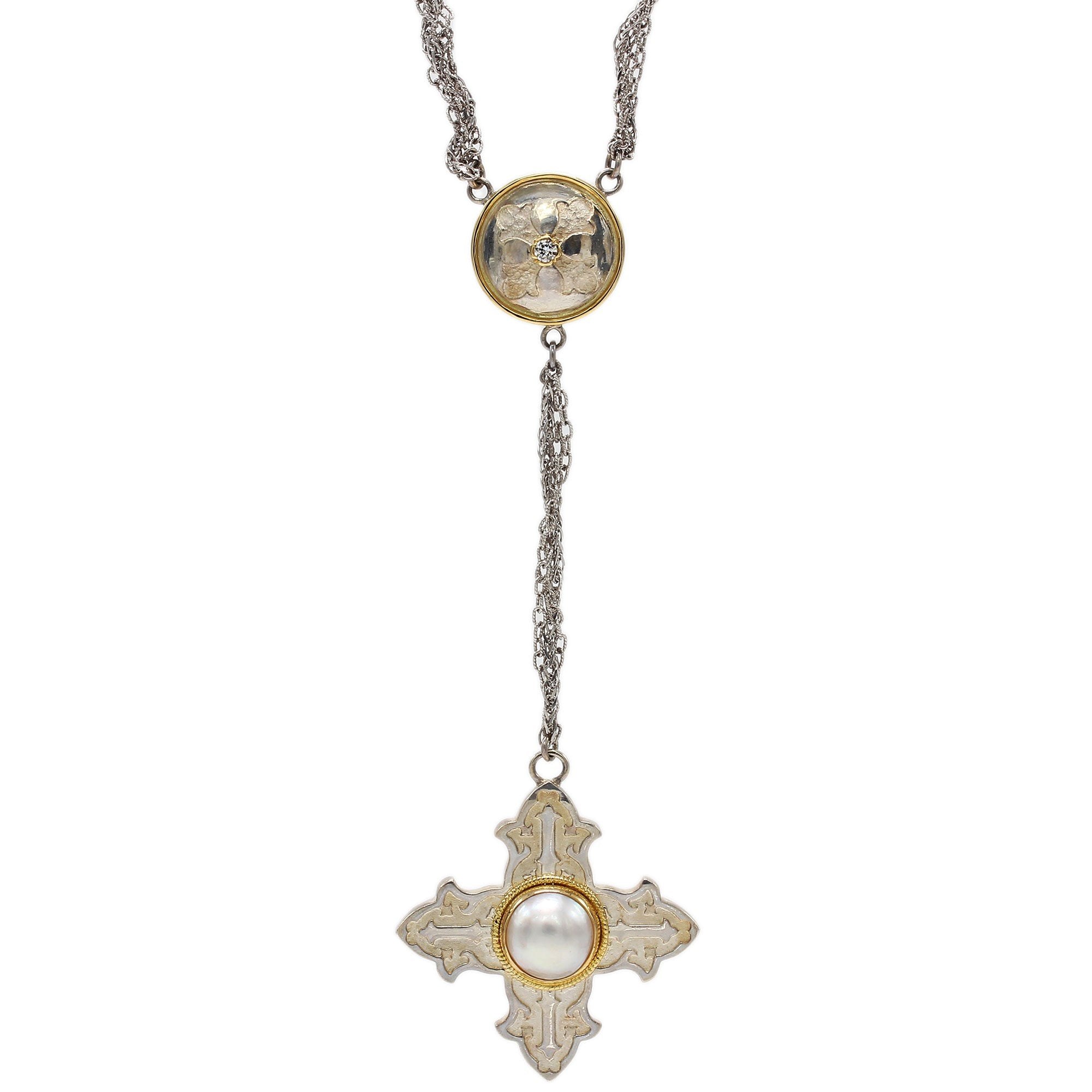 One of a Kind Y-Drop Braided Cross Necklace, 18K Yellow Gold and Sterling  Silver