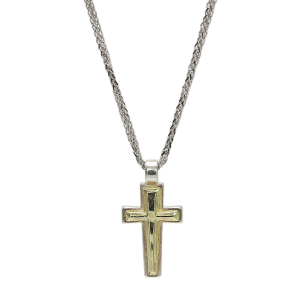 Men's Cross Pendant Necklace in Sterling Silver and 14K Yellow Gold