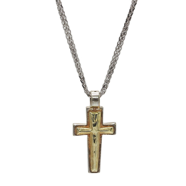 14K Yellow Gold & Sterling Silver Men's Cross Pendant Necklace