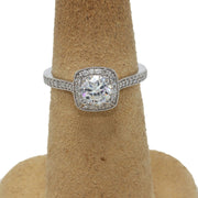14K White Gold Vintage Milgrain Cushion Halo Engagement Ring, 1Ct Round CZ Stone